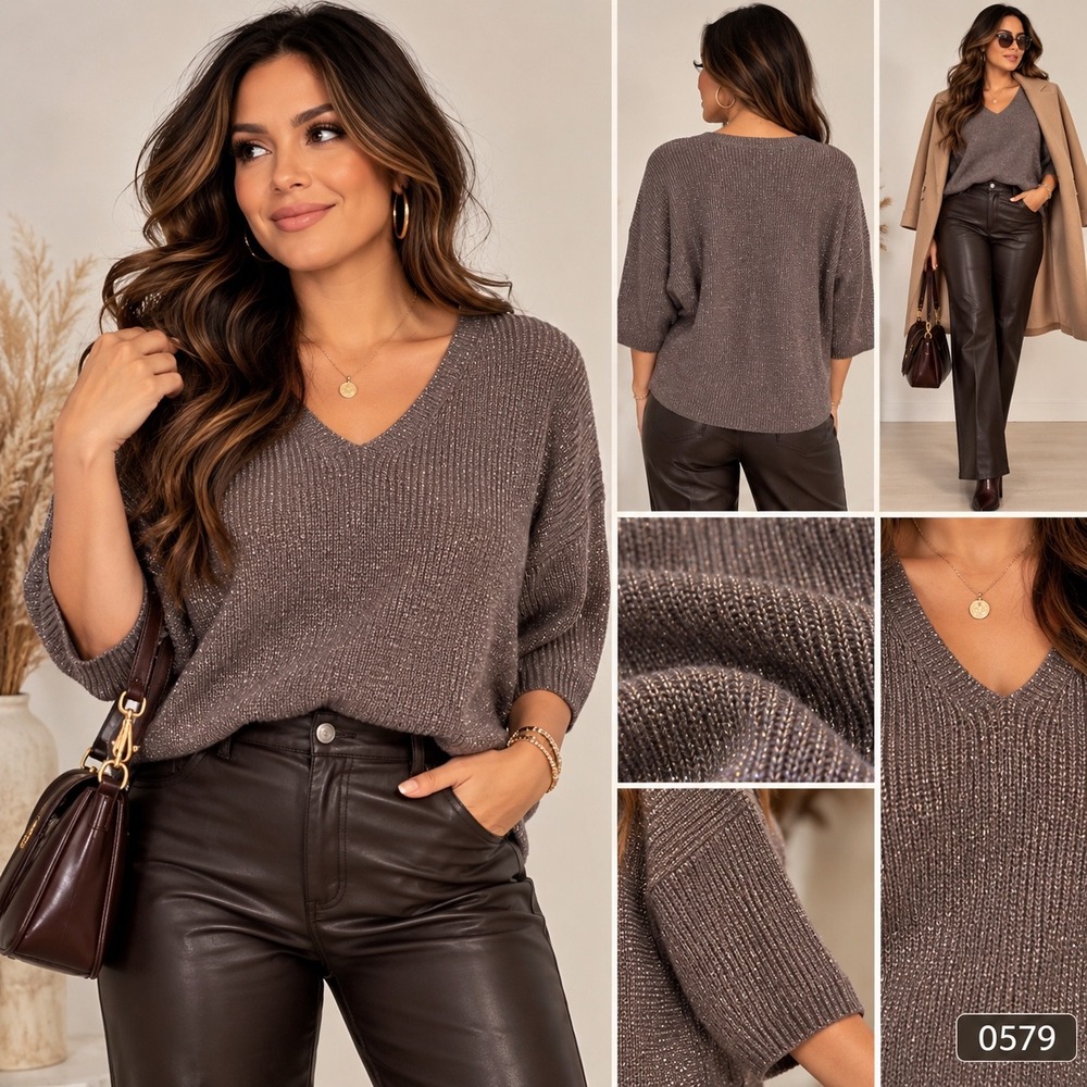 Express Womens Metallic Sparkle V-Neck Sweater Taupe 3/4 Sleeve Size L 0579